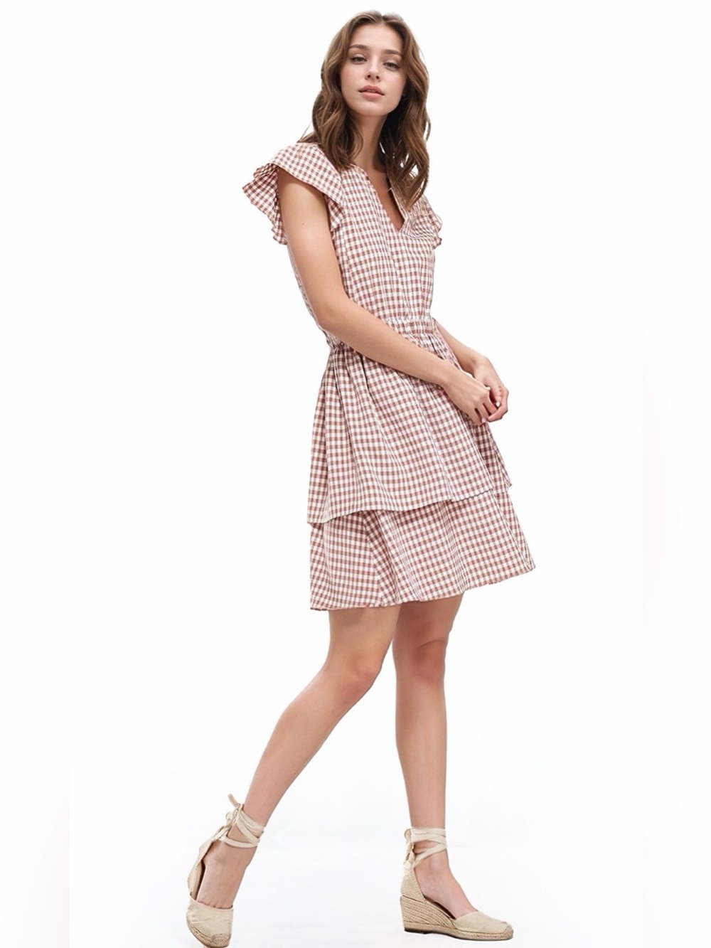 Pleione NEW Pink Gingham Tiered Mini Dress